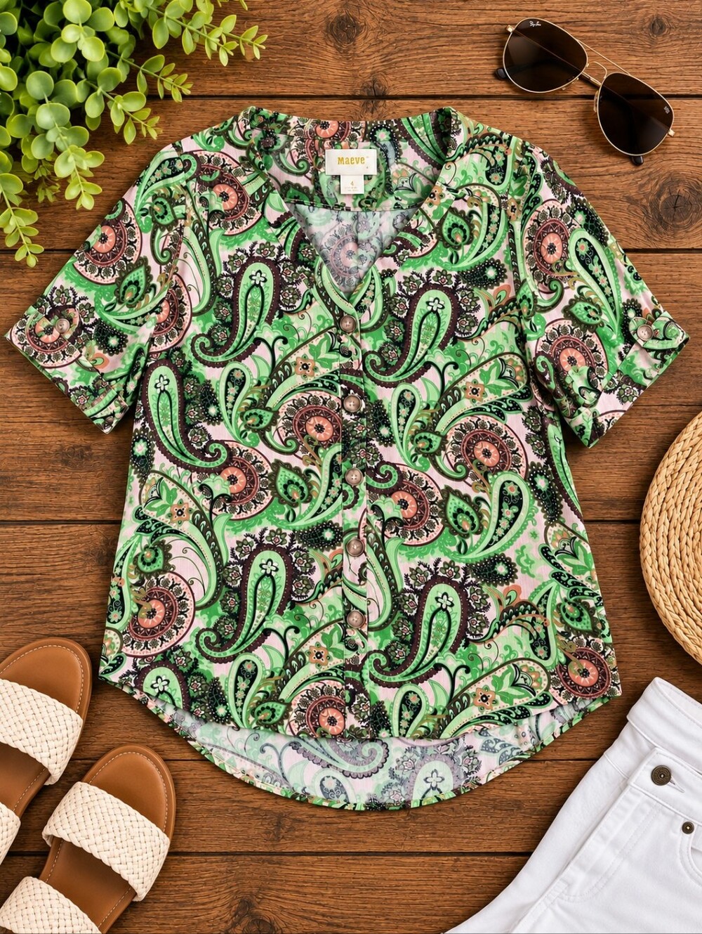 Maeve by Anthropologie Paisley Button Front Blouse Size 4 Green Pink